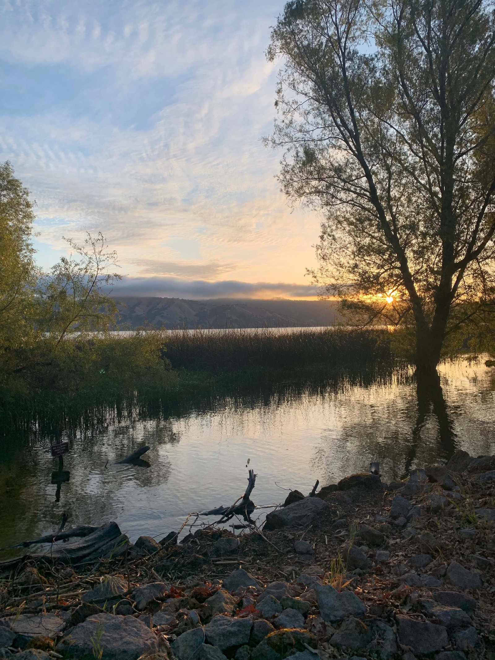 Serene sunset over a river with trees and mountains in the background, reflecting a peaceful outdoor scene, ideal for nature lovers and outdoor adventure enthusiasts.