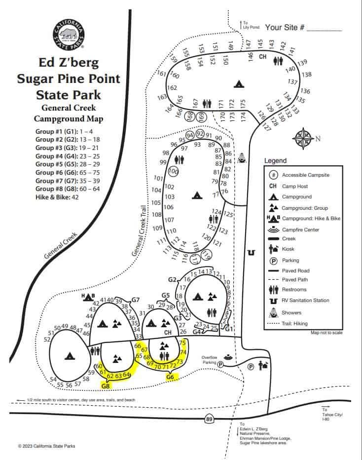 Aerial campground map of Sugar Pine Point State Park highlighting group sites, amenities, and trails for campers and outdoor enthusiasts. Includes area details and parking locations.