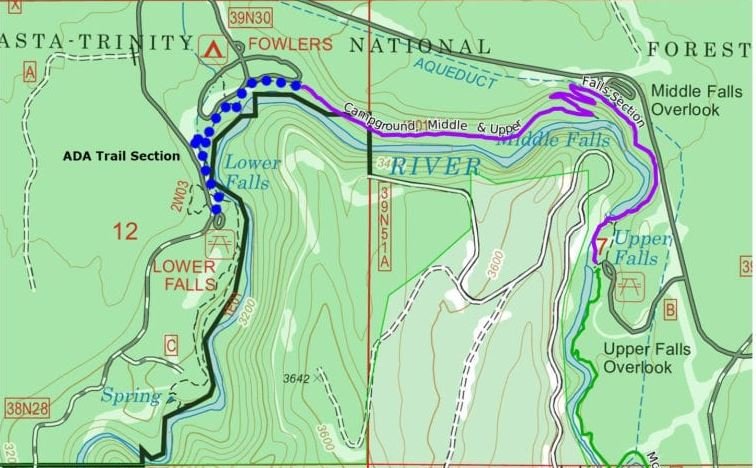 Lower Falls trail map with scenic waterfalls and hiking routes in a national forest area. Perfect for outdoor enthusiasts and nature lovers seeking adventure.